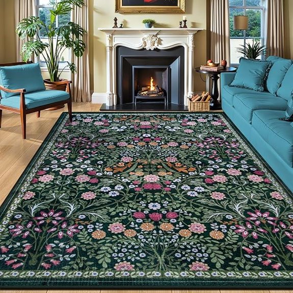 8x10 floral washable rug dark green